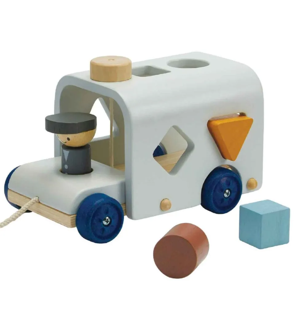 PlanToys Træklegetøj - Bus m. Puttekasse - Træ/Lyseblå