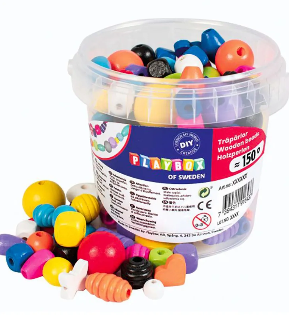 Playbox Perler - Træperler I Spand - 150 Stk - Basisfarver